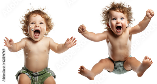 set of emotional, happy, excited, cheering baby toddler child - celebrating, throwing arms up. on transparent background