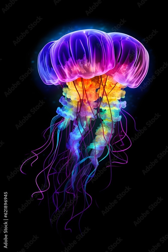 Glowing jellyfish swim deep in blue sea. Medusa neon jellyfish fantasy in space cosmos among stars Glowing jellyfish swim deep in blue sea. Medusa neon jellyfish fantasy in space cosmos among stars