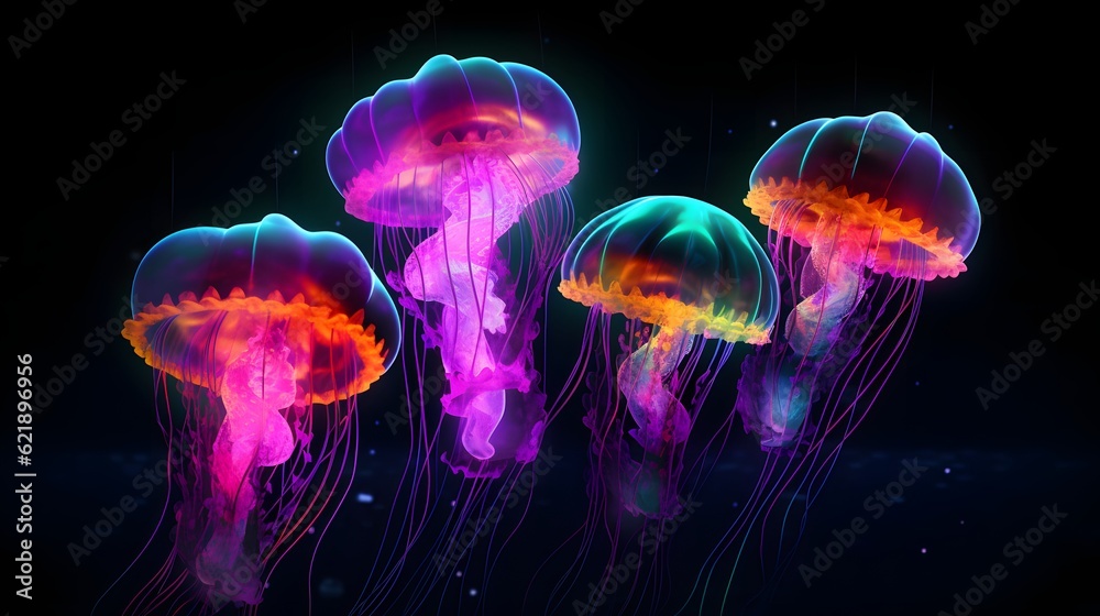 Glowing jellyfish swim deep in blue sea. Medusa neon jellyfish fantasy in space cosmos among stars