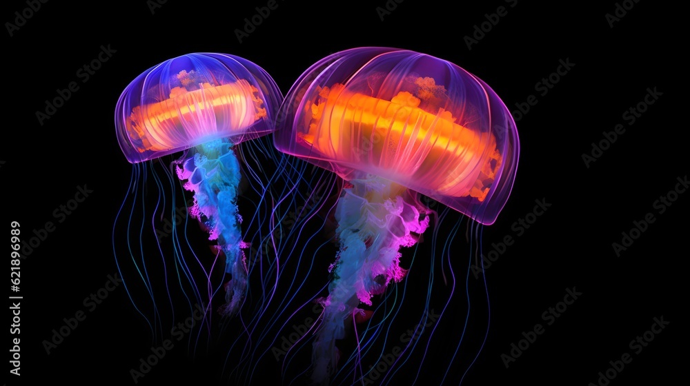 Glowing jellyfish swim deep in blue sea. Medusa neon jellyfish fantasy in space cosmos among stars Glowing jellyfish swim deep in blue sea. Medusa neon jellyfish fantasy in space cosmos among stars