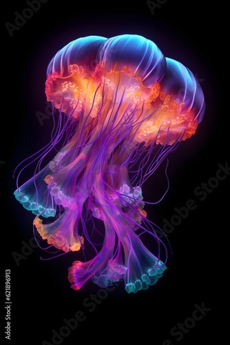 Fotografiet Glowing jellyfish swim deep in blue sea
