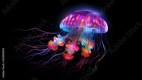Glowing jellyfish swim deep in blue sea. Medusa neon jellyfish fantasy in space cosmos among stars © Tremens Productions
