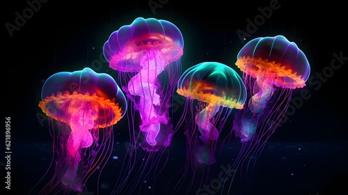 Glowing jellyfish swim deep in blue sea. Medusa neon jellyfish fantasy in space cosmos among stars © Tremens Productions