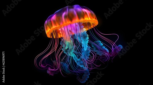 Glowing jellyfish swim deep in blue sea. Medusa neon jellyfish fantasy in space cosmos among stars
