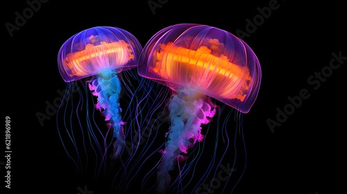 Glowing jellyfish swim deep in blue sea. Medusa neon jellyfish fantasy in space cosmos among stars