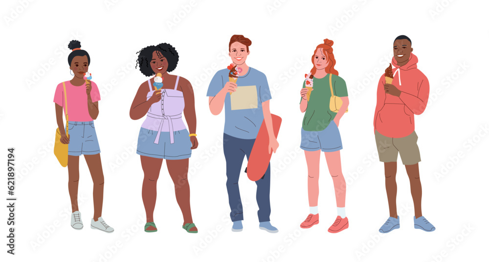 Fototapeta premium Group of different teenagers with ice creams. Vector flat cartoon illustration