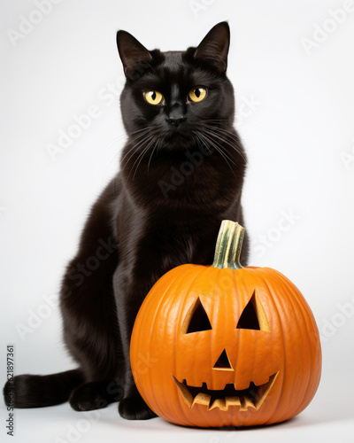 Black cat seating next to the pumpkin © Lana_M