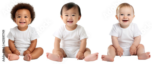 Foto set of smiling, happy, baby toddler kids of different ethnicities sitting