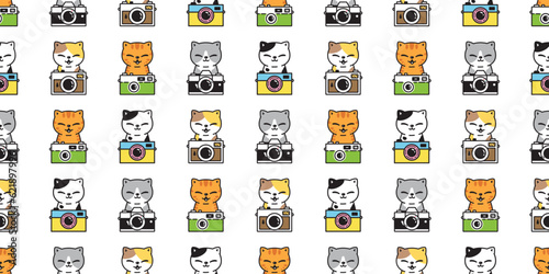cat seamless pattern kitten film camera photographer calico neko vector cartoon character breed pet gift wrapping paper repeat wallpaper tile background animal doodle illustration design scarf isolate
