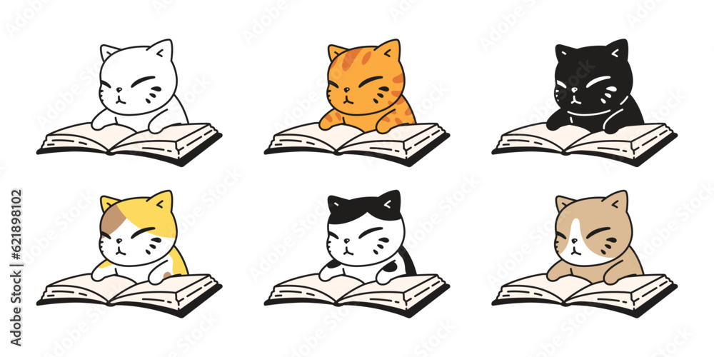 cat vector kitten icon reading book neko calico pet character cartoon doodle symbol tattoo stamp scarf illustration design isolated - obrazy, fototapety, plakaty 