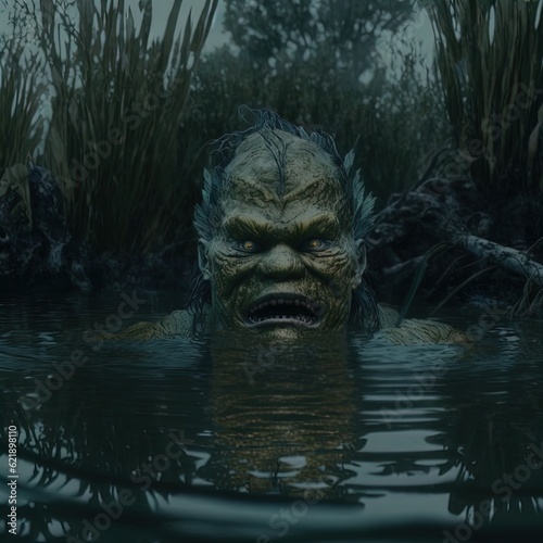 A creepy Merman Swamp creature emerges from the swamp. Half fish  half man. Great for horror  suspense  alien etc. 