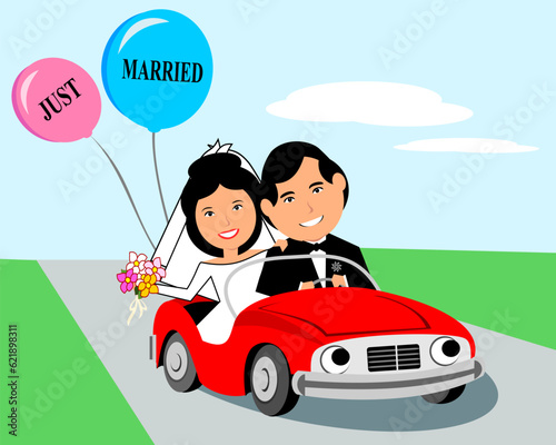 Just married couple on way to honeymoon in a car cartoon