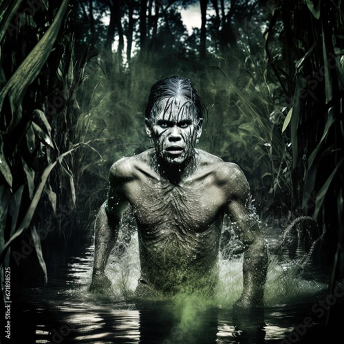 A creepy Merman/Swamp creature emerges from the swamp. Half fish, half man. Great for horror, suspense, alien etc. 