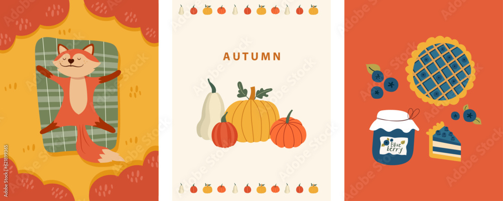 Autumn banner, Three set of vector illustrations with fox in the wild, pumpkin, blueberry pie and jam. Hand drawings for a poster, banner and card
