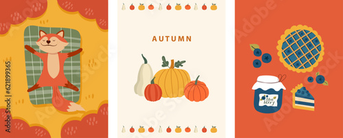 Autumn banner  Three set of vector illustrations with fox in the wild  pumpkin  blueberry pie and jam. Hand drawings for a poster  banner and card