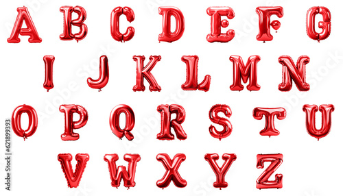 English alphabet made of red balloons isolated on white background, Red foil English alphabet balloons 