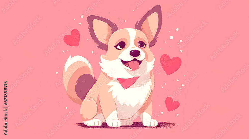 Dog and hearts on a pink background, generative AI.