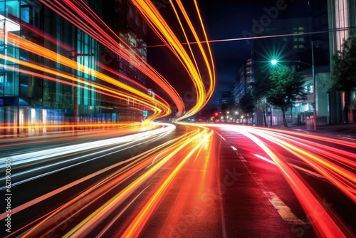 Abstract long exposure dynamic speed light trails in city street. AI Generative © ireneromanova