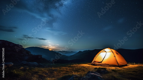 Camping in the mountains at night with a view of the starry sky and lake.Concept of adventure travel,mountain climbing. Nature tourism concept with tent. 