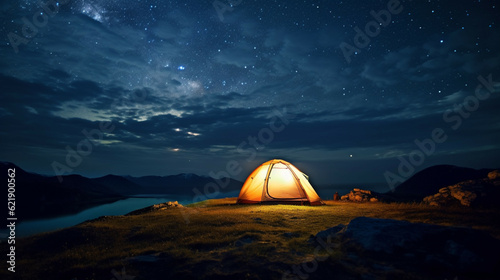 Camping tent on the background of the starry sky and lake.Concept of adventure travel,mountain climbing. Nature tourism concept with tent. Backpacker hiking journey travel concept.