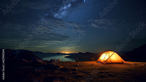 Camping tent in the mountains at night with beautiful starry sky and lake.Concept of adventure travel,mountain climbing. Backpacker hiking journey travel concept.