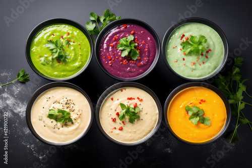 color vegetable cream soups on background
