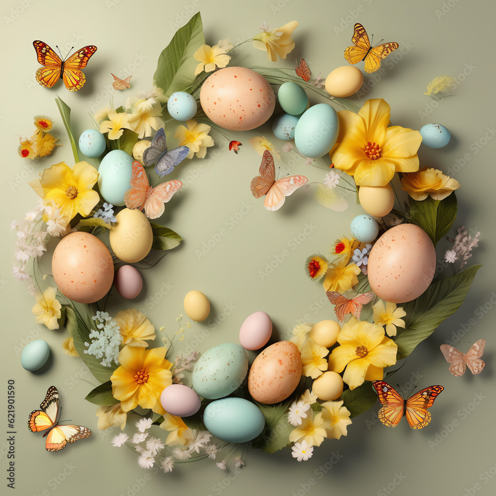 Blank space in the middle surrounded by pastel easter brown background butterfly, AI Generated.