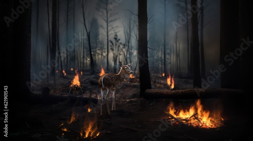 Fire in the forest. Deer in the burning forest