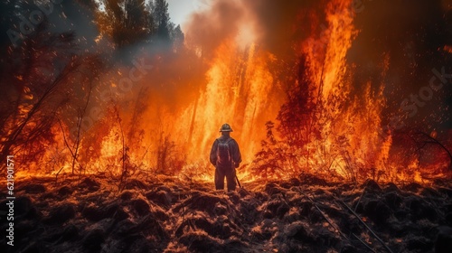 Fireman in a burning forest. Fire in the forest