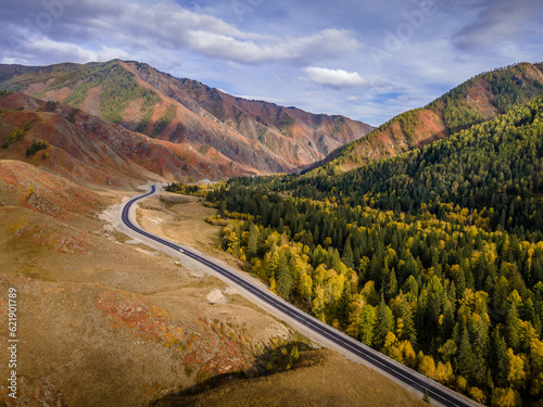 The aerial picture of the scenic road in the Altai Mountains (Chui tract) in Siberia, Russia.