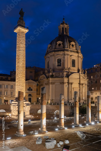 Trajan Column And Mary Church In Rome, Italy