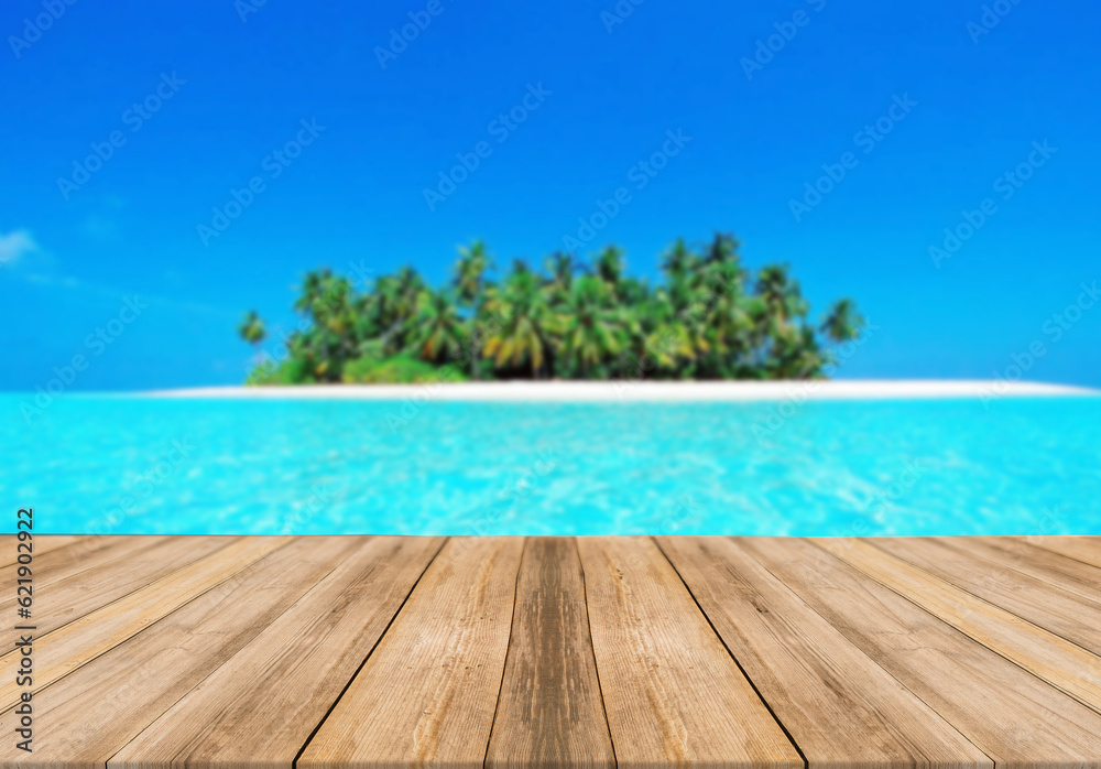 Top of wood table with seascape, blur bokeh light of calm sea and sky background. Empty ready for your product display montage. summer vacation background concept.