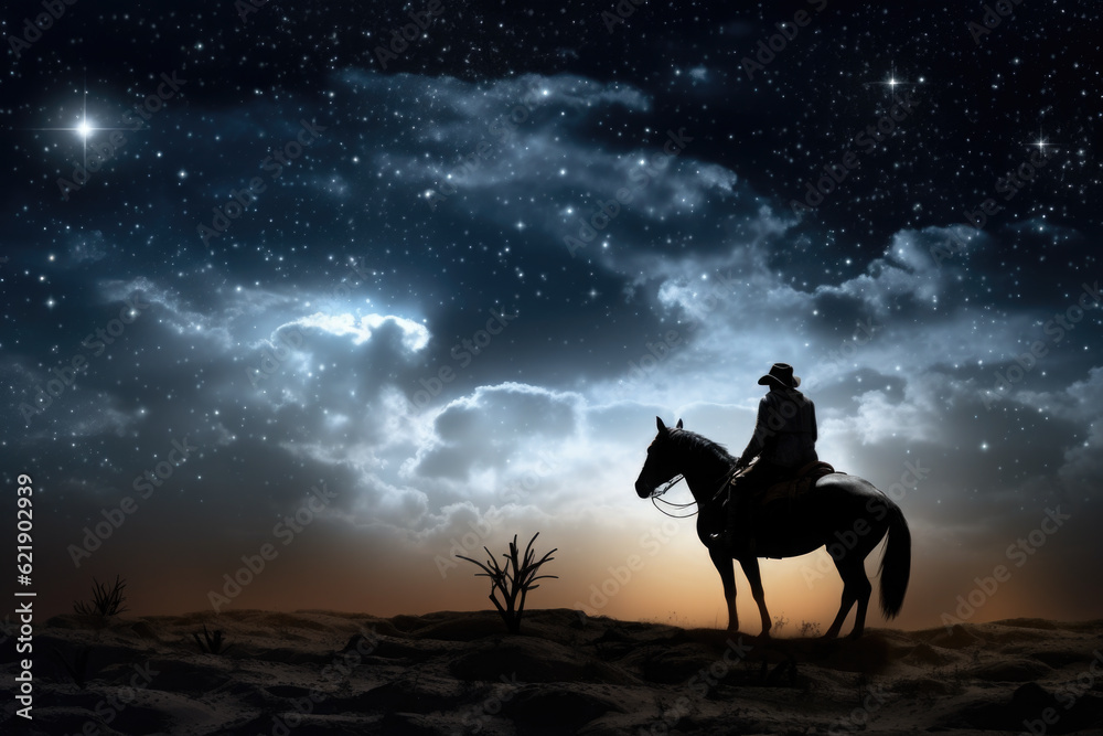 A man riding on the back of a horse under a night sky. Generative AI.