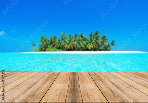 Top of wood table with seascape, blur bokeh light of calm sea and sky background. Empty ready for your product display montage. summer vacation background concept. © pedro