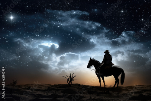 A man riding on the back of a horse under a night sky. Generative AI. © Friedbert