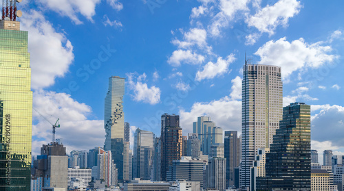 Aerial view of Bangkok city in Thailand. Cityscape of modern buildings and urban architecture.