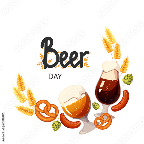 Beer day.Background with beer  sausages  hops  pretzel .Vector illustration for the International Beer Day  Oktoberfest.