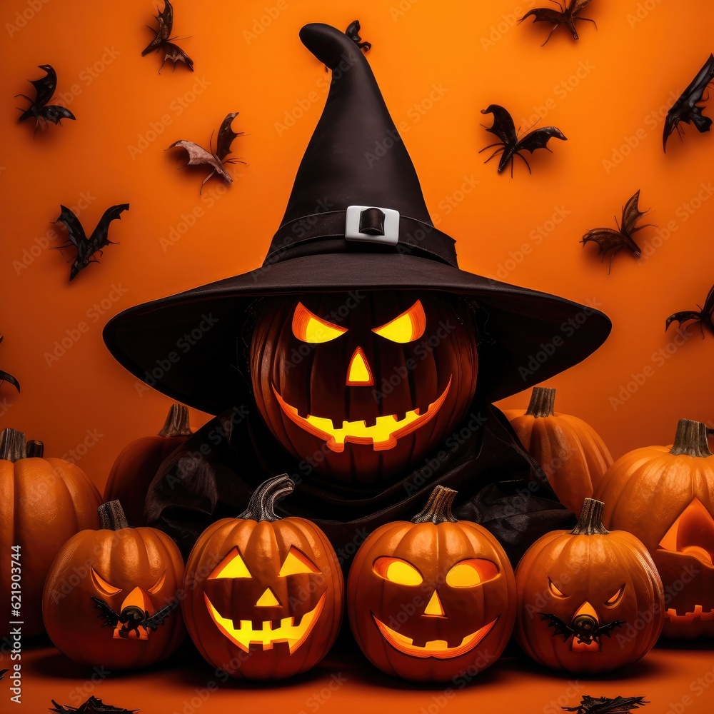3D Halloween pumpkin, Evil, Witch, Horror, Orange, Wallpaper, Poster, Background. MERRY HALLOWEEN! A pumpkin witch and lot of pumpkins lit with smile. Cute spider-legged bats. Generative AI
