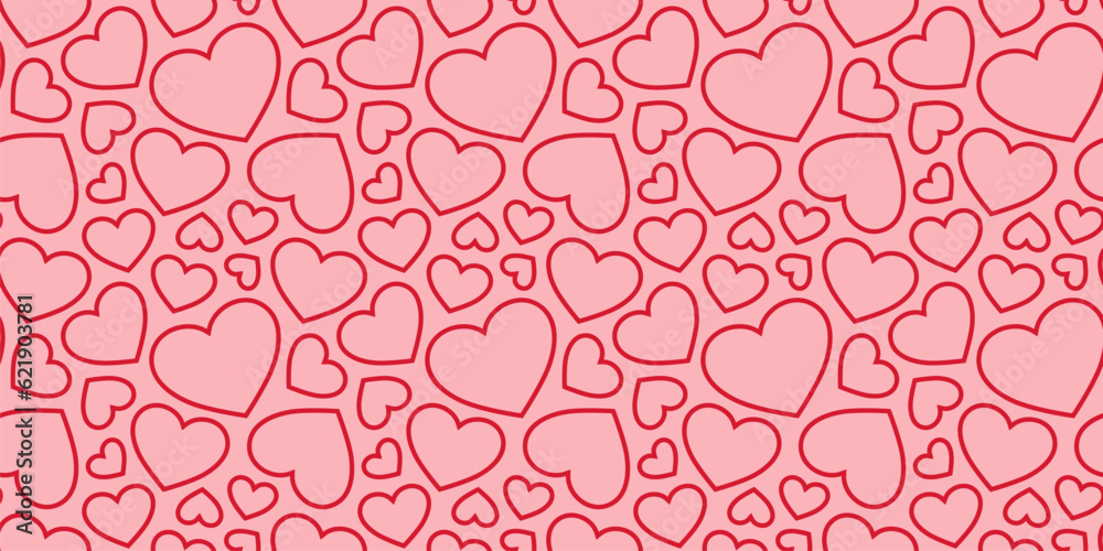 Vector hearts seamless pattern. Cute minimal valentines day background. Love romantic theme. Abstract texture with small outline red hearts on pink backdrop. Repeat design for wrapping, print, decor