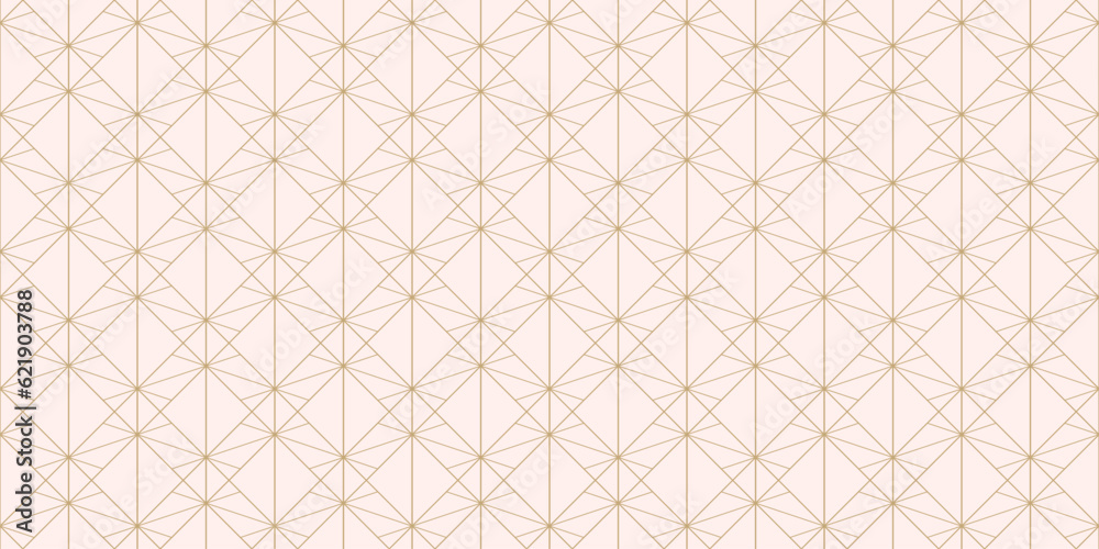 Fototapeta premium Golden lines pattern. Vector geometric seamless ornament with delicate grid, thin lines, diamonds, lattice. Abstract gold and pink graphic background. Art deco texture. Subtle minimalist geo design