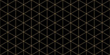 Triangular grid vector seamless pattern. Subtle thin golden lines texture, delicate minimalist lattice, mesh, net, triangles, hexagons. Abstract black and gold luxury background. Wide geo design