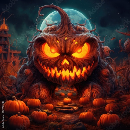 3D Halloween pumpkin, Evil, Witched, Horror, Lit, Wallpaper, Poster, Background. MR HALLOWEEN IS HERE FOR YOU. The spirit of halloween burns inside a evil expression pumpkin. Generative AI photo