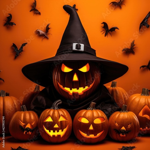 3D Halloween pumpkin, Evil, Witch, Horror, Orange, Wallpaper, Poster, Background. MERRY HALLOWEEN! A pumpkin witch and lot of pumpkins lit with smile. Cute spider-legged bats. Generative AI photo
