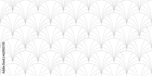 Art deco seamless pattern. Subtle vector geometric linear texture with curved lines, fish scale ornament, peacock pattern, grid. Elegant gray and white abstract background. Luxury repeat geo design