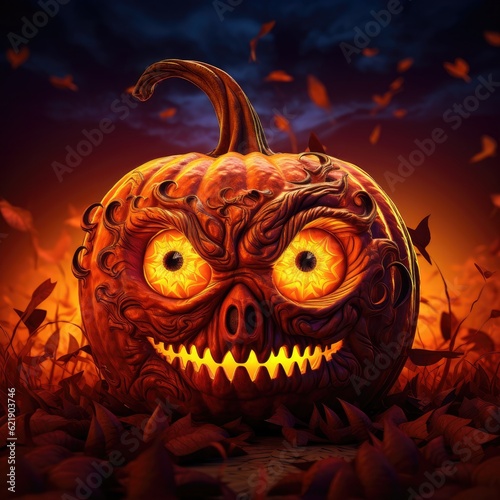 3D Halloween pumpkin, Evil, Witched, Horror, Orange, Wallpaper, Poster, Background. THE HAUNTED PUMPKIN! A pumpkin lantern with toothy mouth, naughty grin. Flying dead leaves. Generative AI photo
