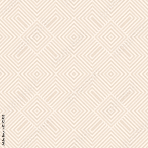 Vector geometric line seamless pattern. Subtle abstract texture with diagonal stripes, lines, squares, chevron. Minimal beige linear graphic background. Retro sport style ornament. Repeat geo design