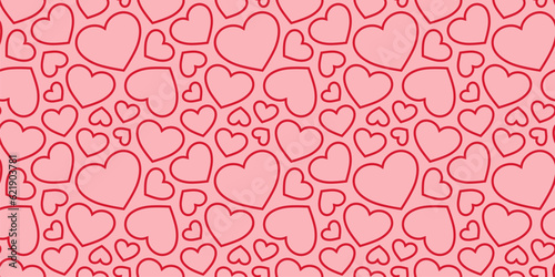 Vector hearts seamless pattern. Cute minimal valentines day background. Love romantic theme. Abstract texture with small outline red hearts on pink backdrop. Repeat design for wrapping, print, decor