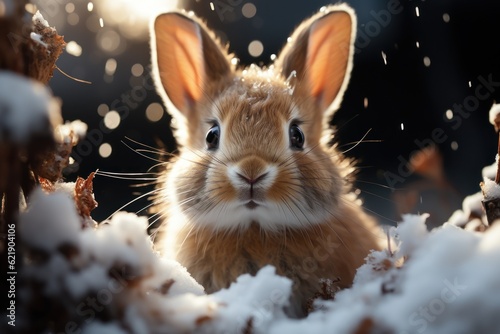 cute rabbit in the Snow beautiful rabbit in the Snow bokeh background cinematic light Rabbit in winter
