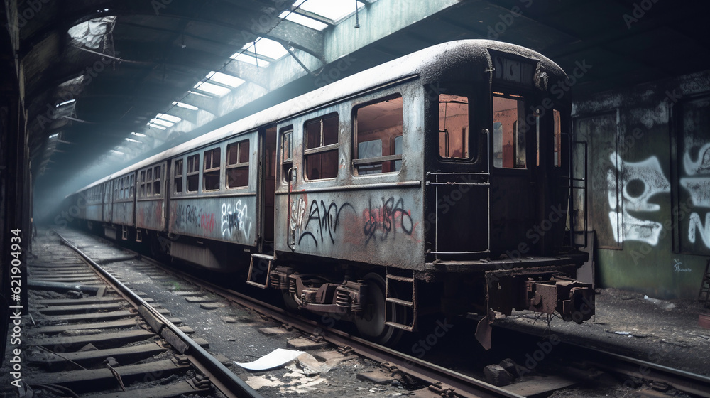 abandoned vandalised train in a tunnel urban exploration