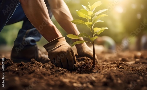 Man plant trees in soil with gloves on the ground on sunny day. Generative AI.